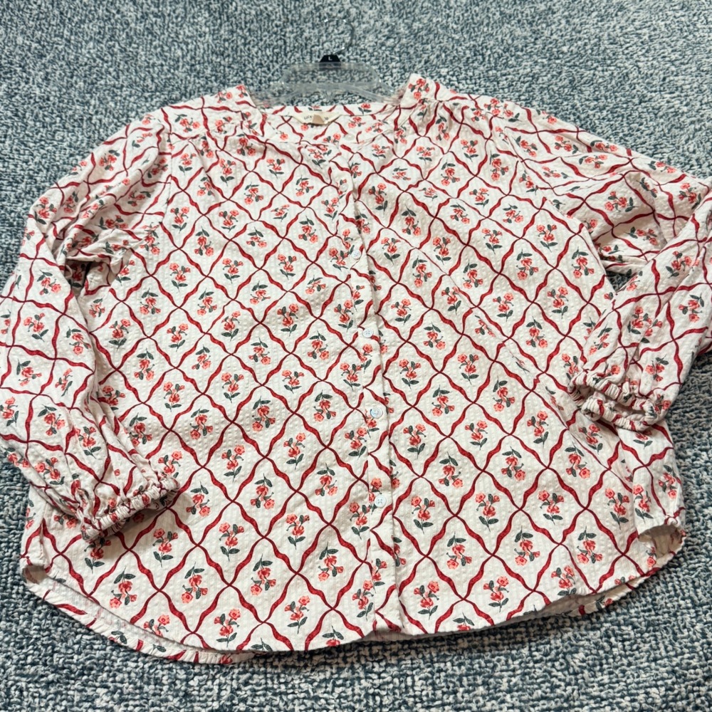 Lucky Brand Floral Trellis Seersucker Button Down Blouse Cream Red Large